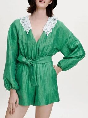 Maje Lace Collar Green Romper Belted Linen Playsuit Parisian Style NWT
